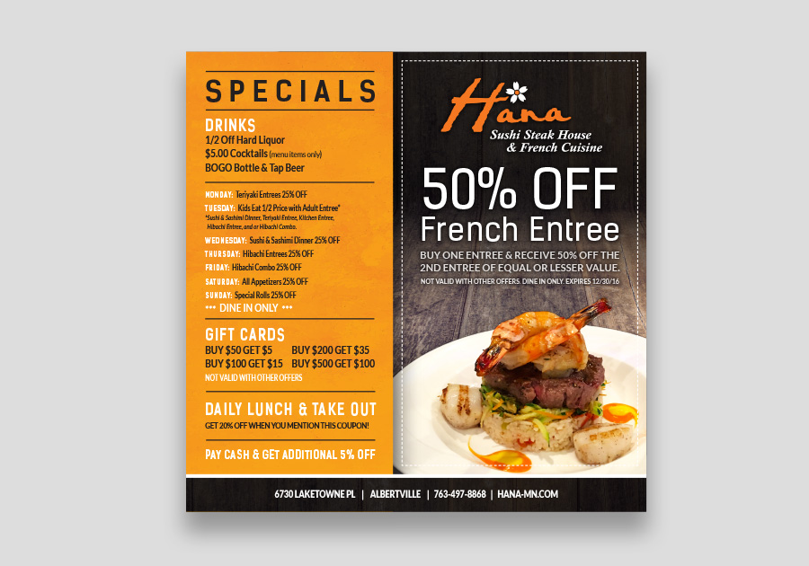 Hana Restaurant Coupon Ad By Angela Schmidt Design